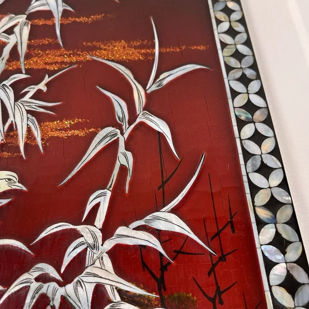 Vintage Mother of Pearl Inlay Lacquer Wall Panel Bamboo Birds Red Sunset Asian